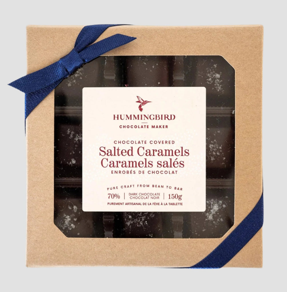 Hummingbird Chocolate Salted Caramels. Handcrafted buttery caramel enrobed in our bean-to-bar 70% dark chocolate topped with Canadian sea salt.