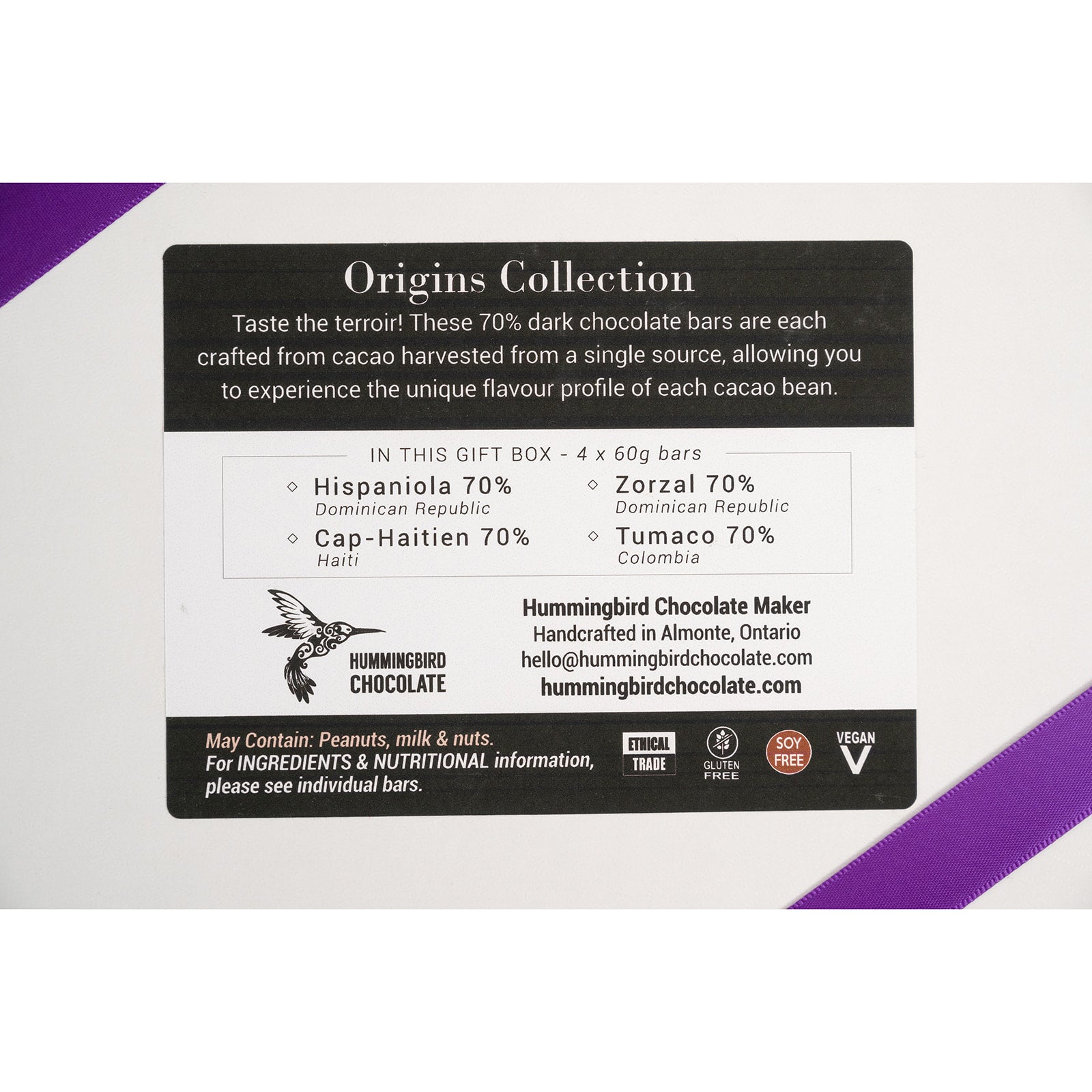 Hummingbird Chocolate, Origins Collection Gift Box - back of box