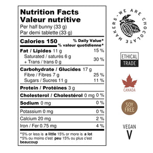 Nutrition Facts for Benny Bunny, Dark Chocolate. Ethical Trade, Made in Canada, Soy Free, Vegan