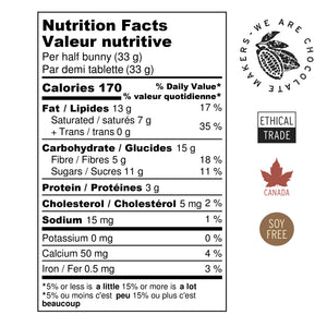 Nutrition Facts for Solid Milk Chocolate Bunny, Ethical Trade, Made in Canada, Soy Free