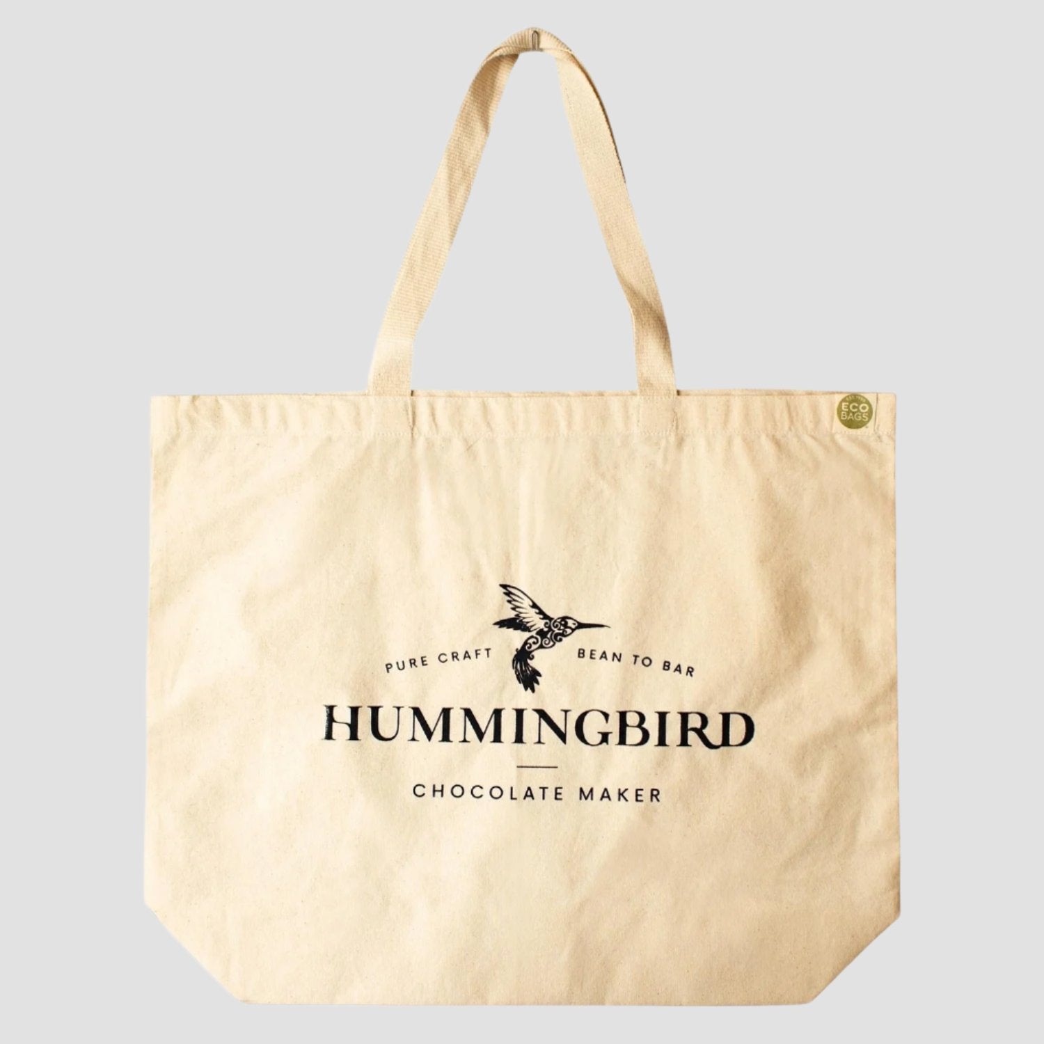 Hummingbird Chocolate Maker Eco-Friendly Canvas Tote bag, natural colour with black logo print