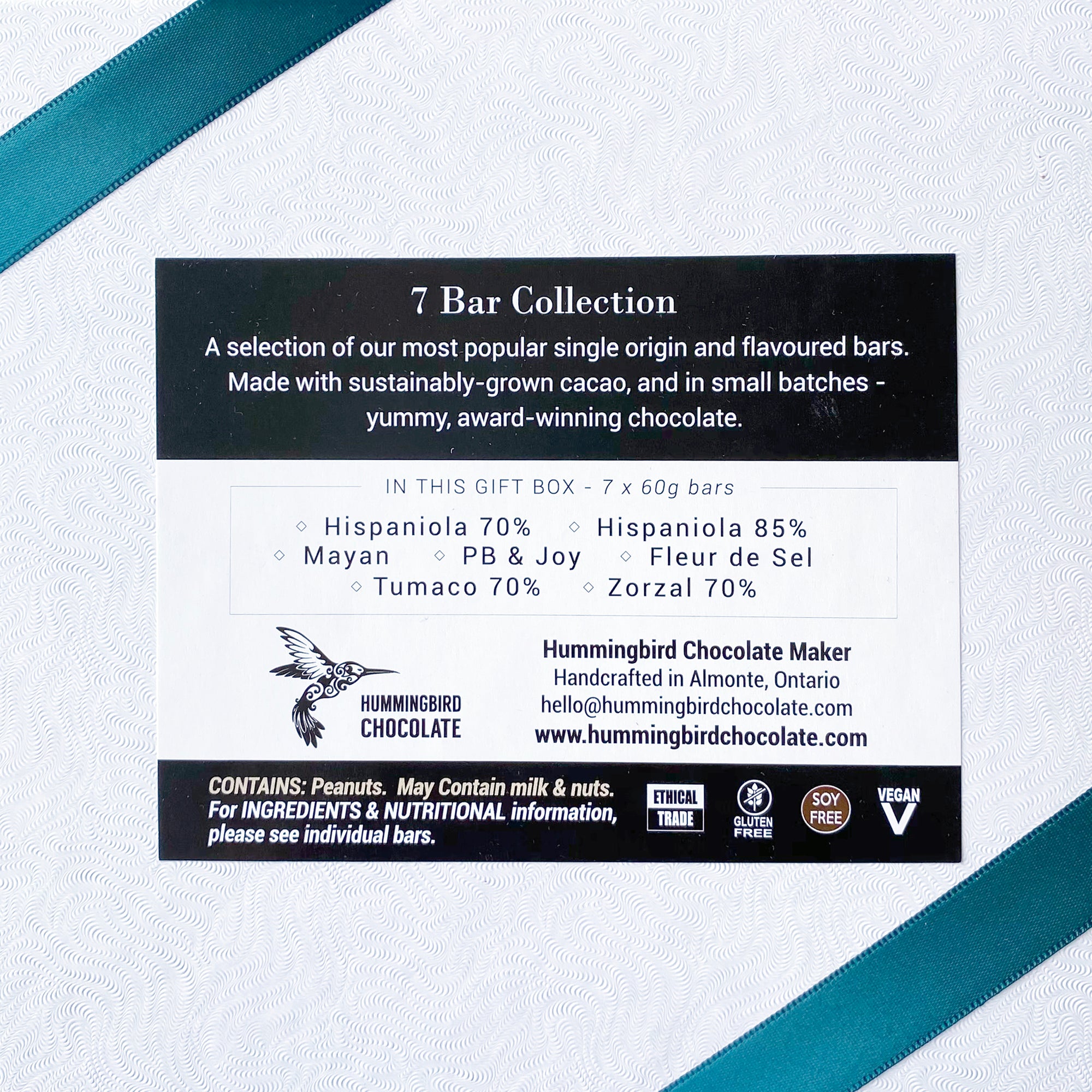 Hummingbird Chocolate, 7 Bar Collection Gift Box, back of box
