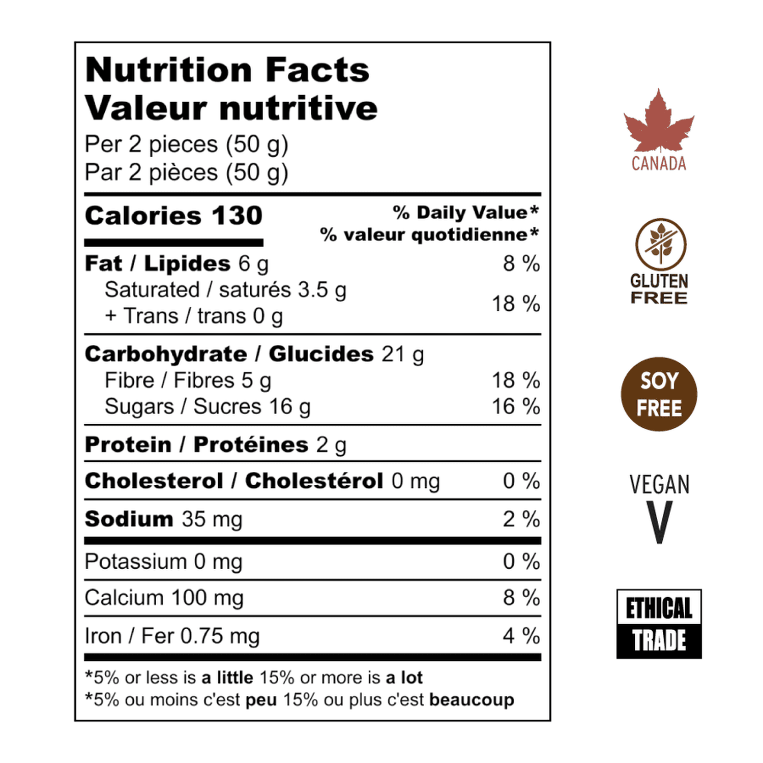 Nutritional Facts for Chocolate Covered Orange Slices. Gluten Free, Soy Free, Vegan, Ethical Trade, Made in Canada.
