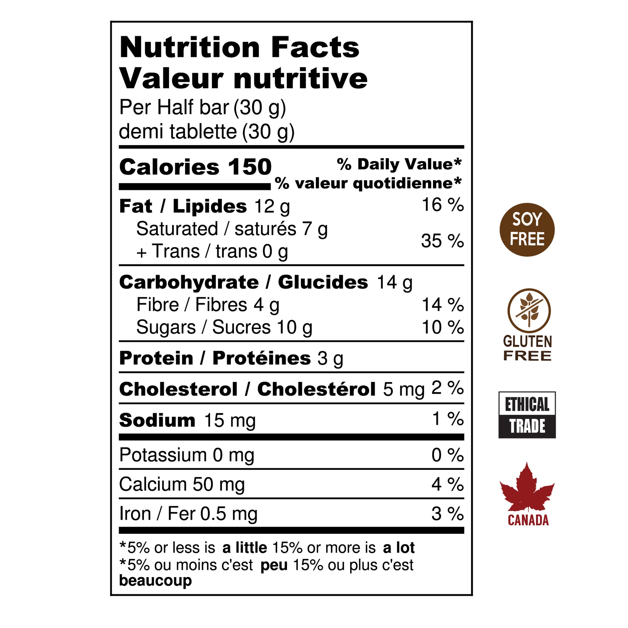Nutrition Facts for Orange Milk bar. Soy Free, Gluten Free, Ethical Trade, Made in Canada.