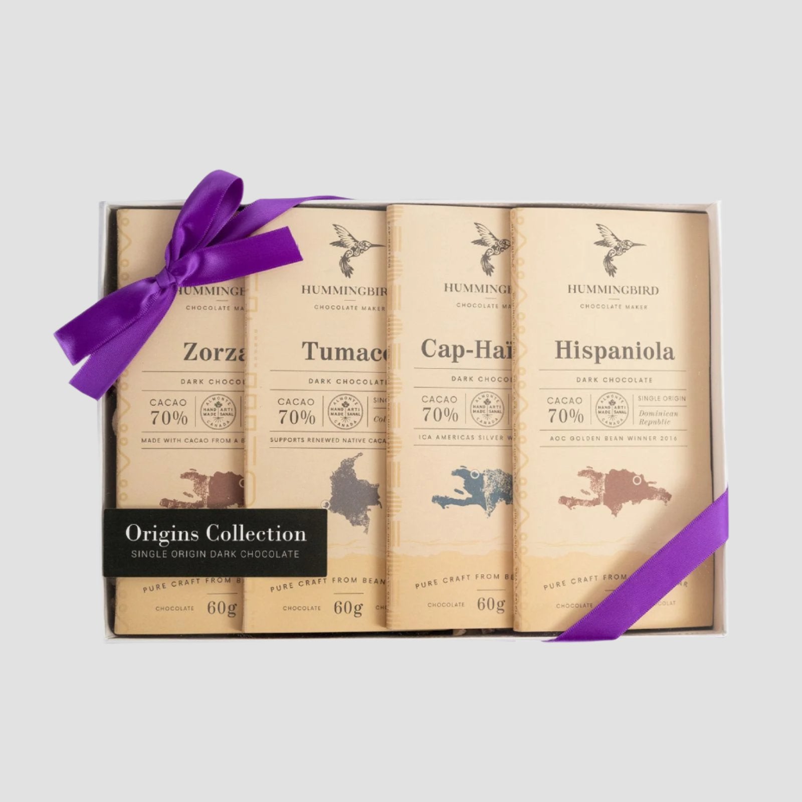 Hummingbird Chocolate, Origins Collection Gift Box - 4 of our handcrafted 70% dark chocolate 60g bars. Wrapped beautifully in a box with ribbon.