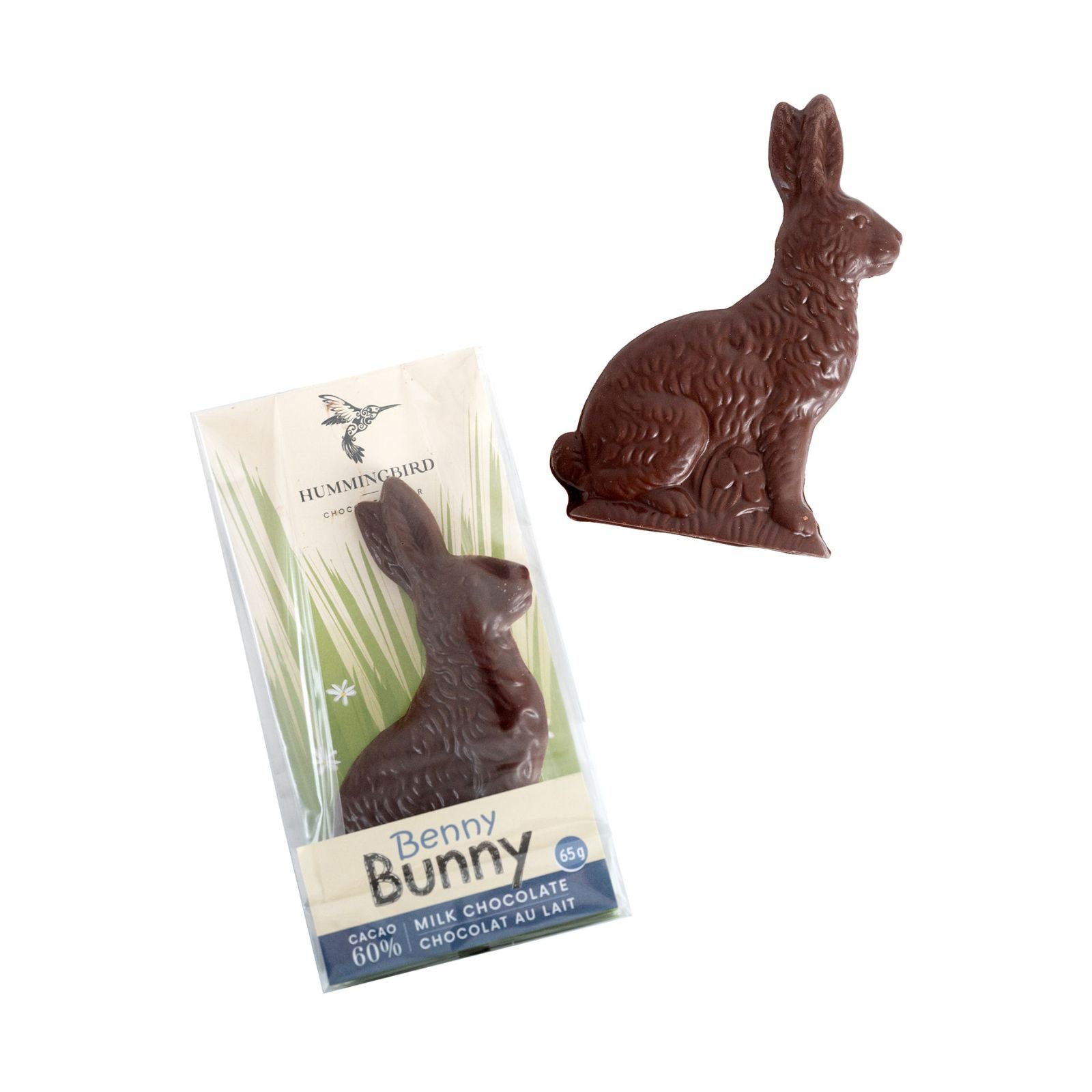 Two milk chocolate bunnies made with 60% cacao