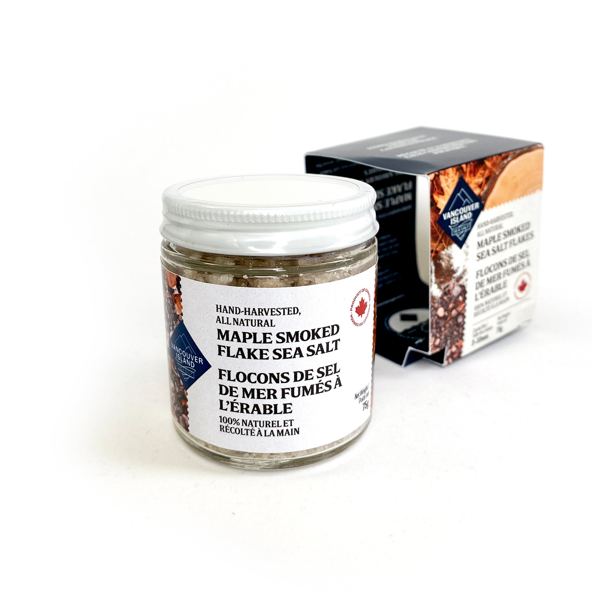Vancouver Island Salt Co. Hand-harvested, all natural Maple Smoked Sea Salt Flakes, jar.