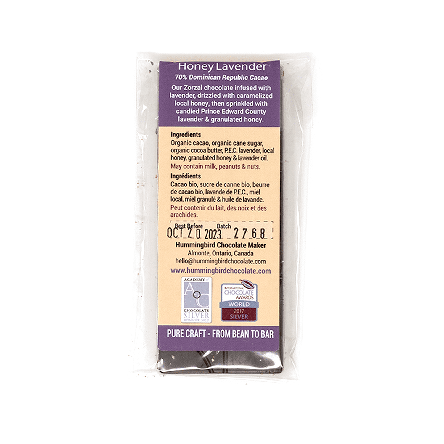 The back of the package of Hummingbird Chocolate's Honey Lavender bar.