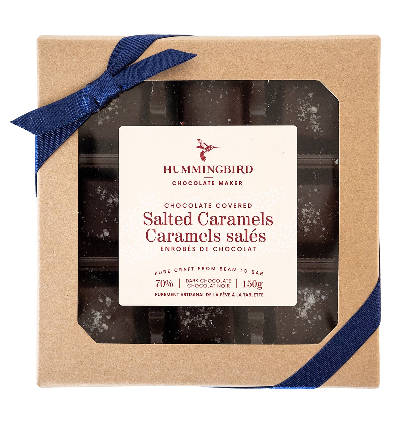 Hummingbird Chocolate Salted Caramels. Handcrafted buttery caramel enrobed in our bean-to-bar 70% dark chocolate topped with Canadian sea salt.