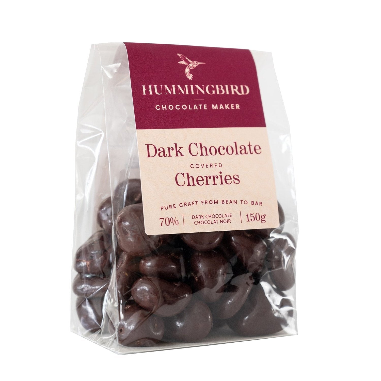 Side view of Hummingbird Chocolate Dark Chocolate Covered Cherries