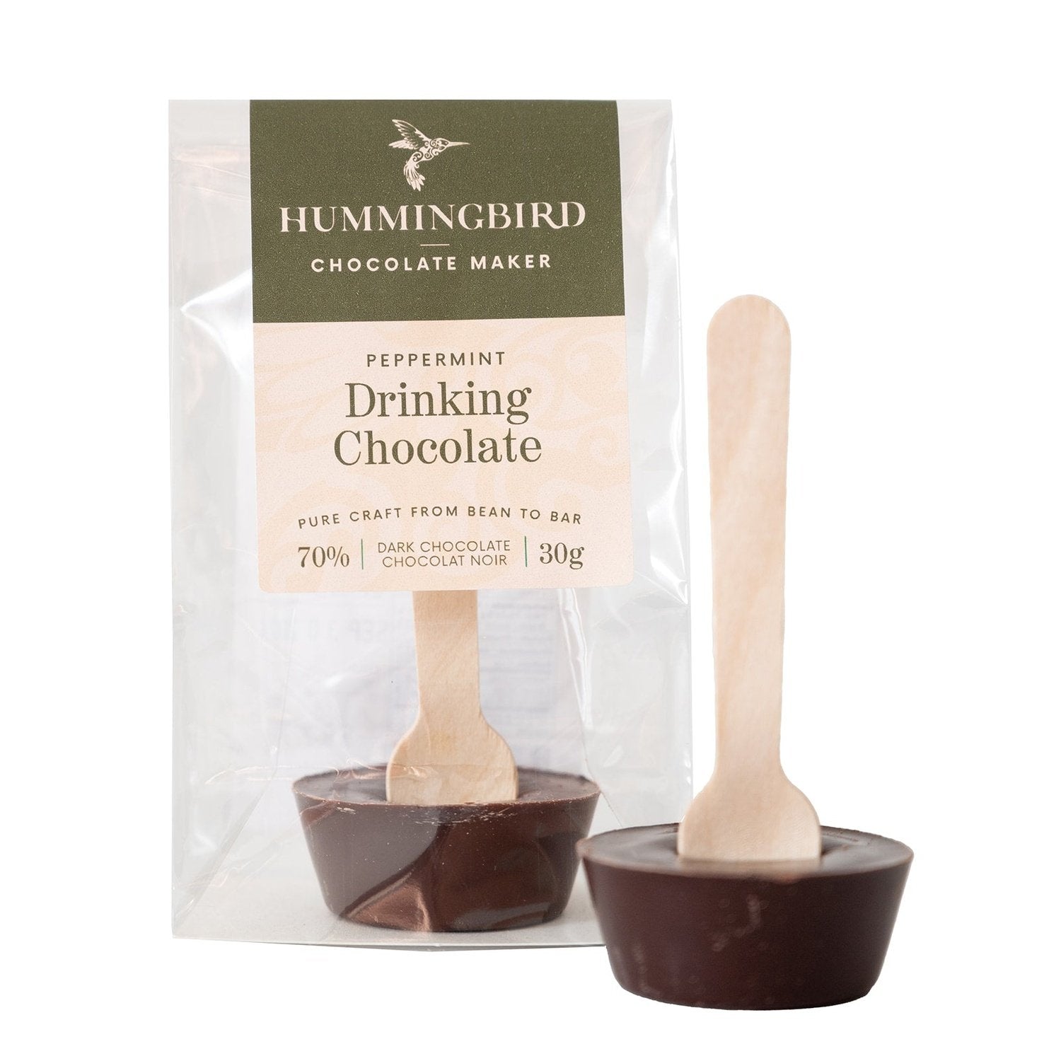 Two peppermint drinking chocolate spoons, made with bean to bar single origin dark chocolate and mixed with pure peppermint essential oil