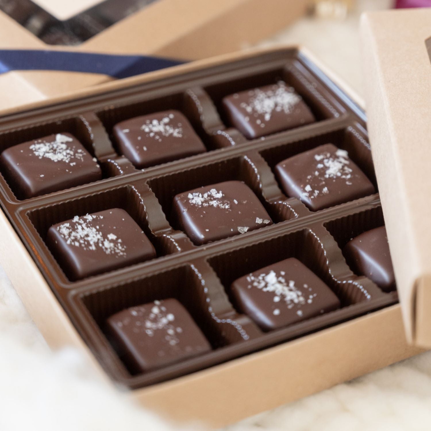 Close up of opened box of 9 handcrafted chocolate covered salted caramels, topped with Canadian sea salt