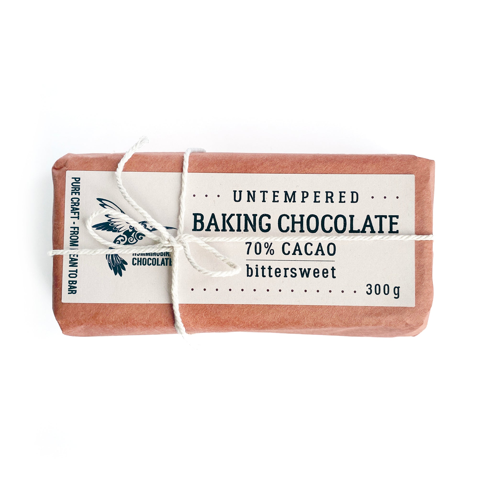Hummingbird Chocolate, Untempered Baking Chocolate Brick, 70% (bittersweet) Dark chocolate 300g. Wrapped in butchers paper and string.