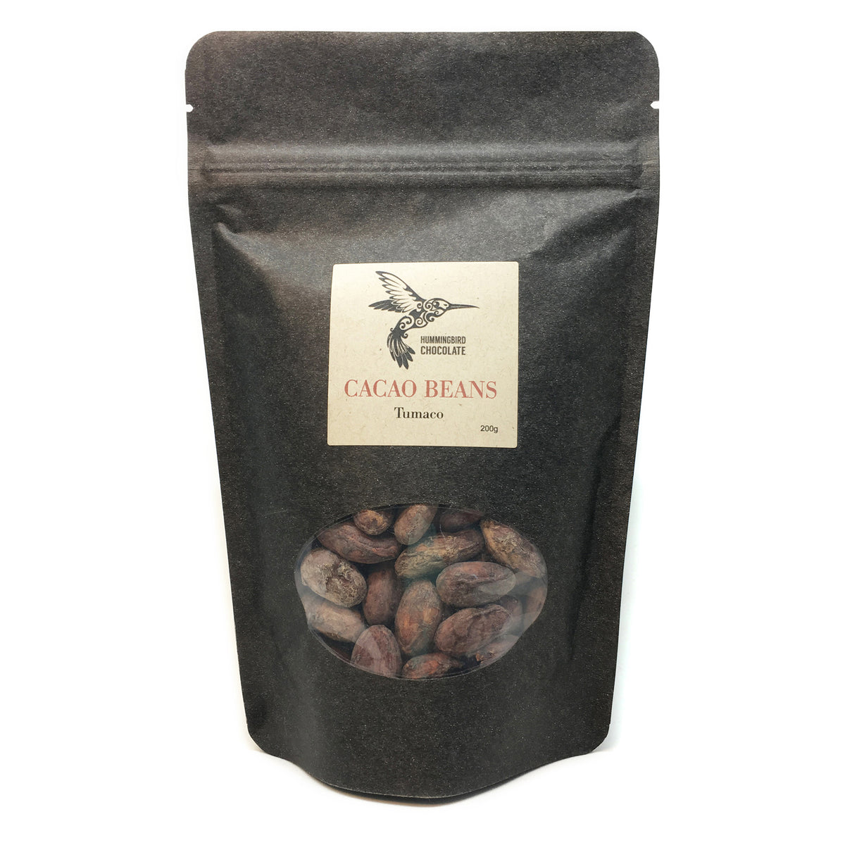 Hummingbird Chocolate Roasted Cacao Beans, 200g bag.