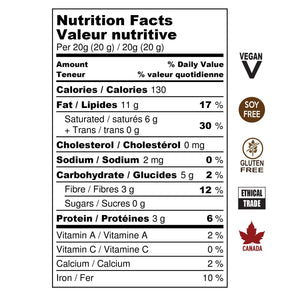 Nutritional Facts for Roasted Cacao Nibs. Vegan, Soy Free, Gluten Free, Ethical Trade, Made in Canada