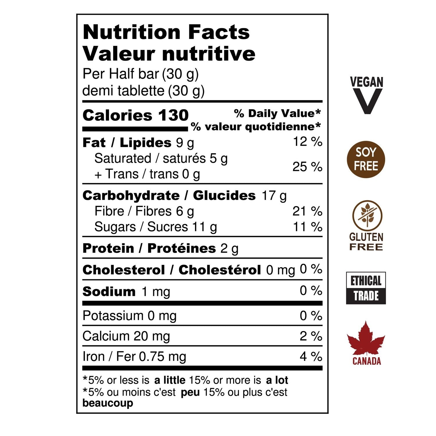 Nutrition Facts for Candied Ginger bar. Vegan, Soy Free, Gluten Free, Ethical Trade, Made in Canada