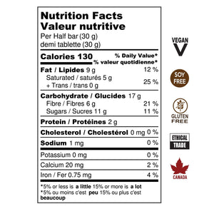 Nutrition Facts for Candied Ginger bar. Vegan, Soy Free, Gluten Free, Ethical Trade, Made in Canada