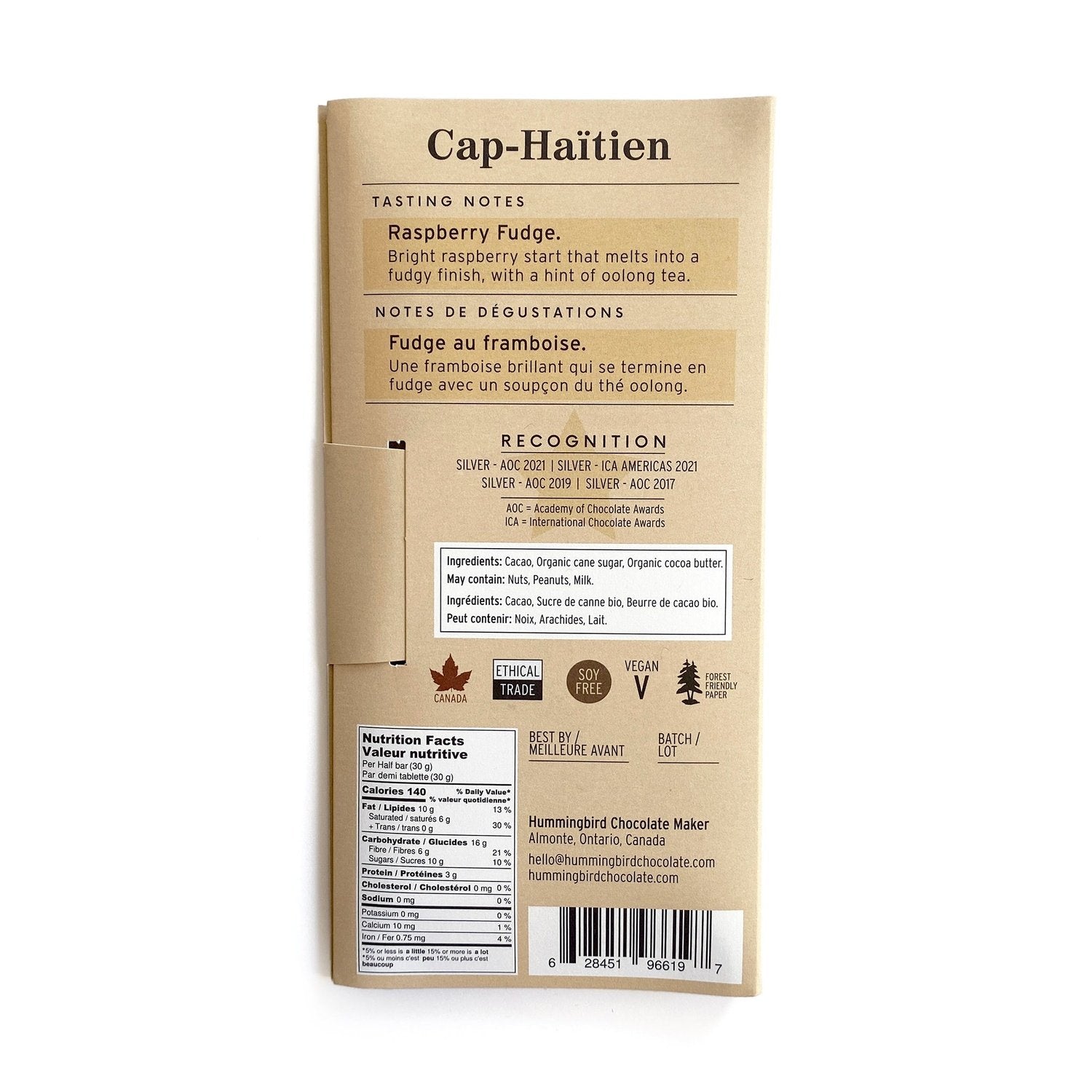 Back label of Cap-Haitien dark chocolate bar, including tasting notes, award winning chocolate, ingredients and nutritional information