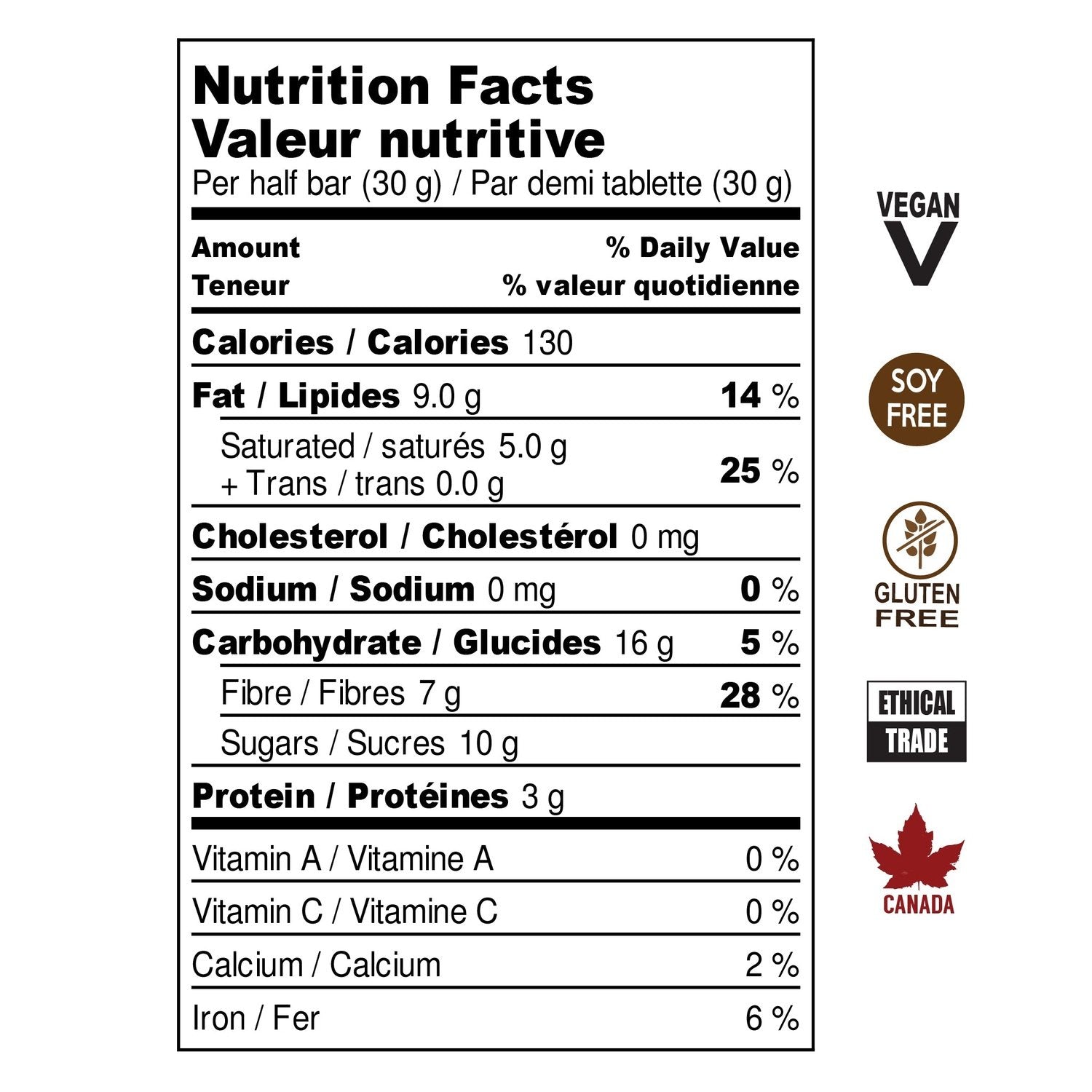Cap-Haïtien 70% dark chocolate bar nutritional information. Vegan, Soy Free, Gluten Free, Ethical Trade, Made in Canada