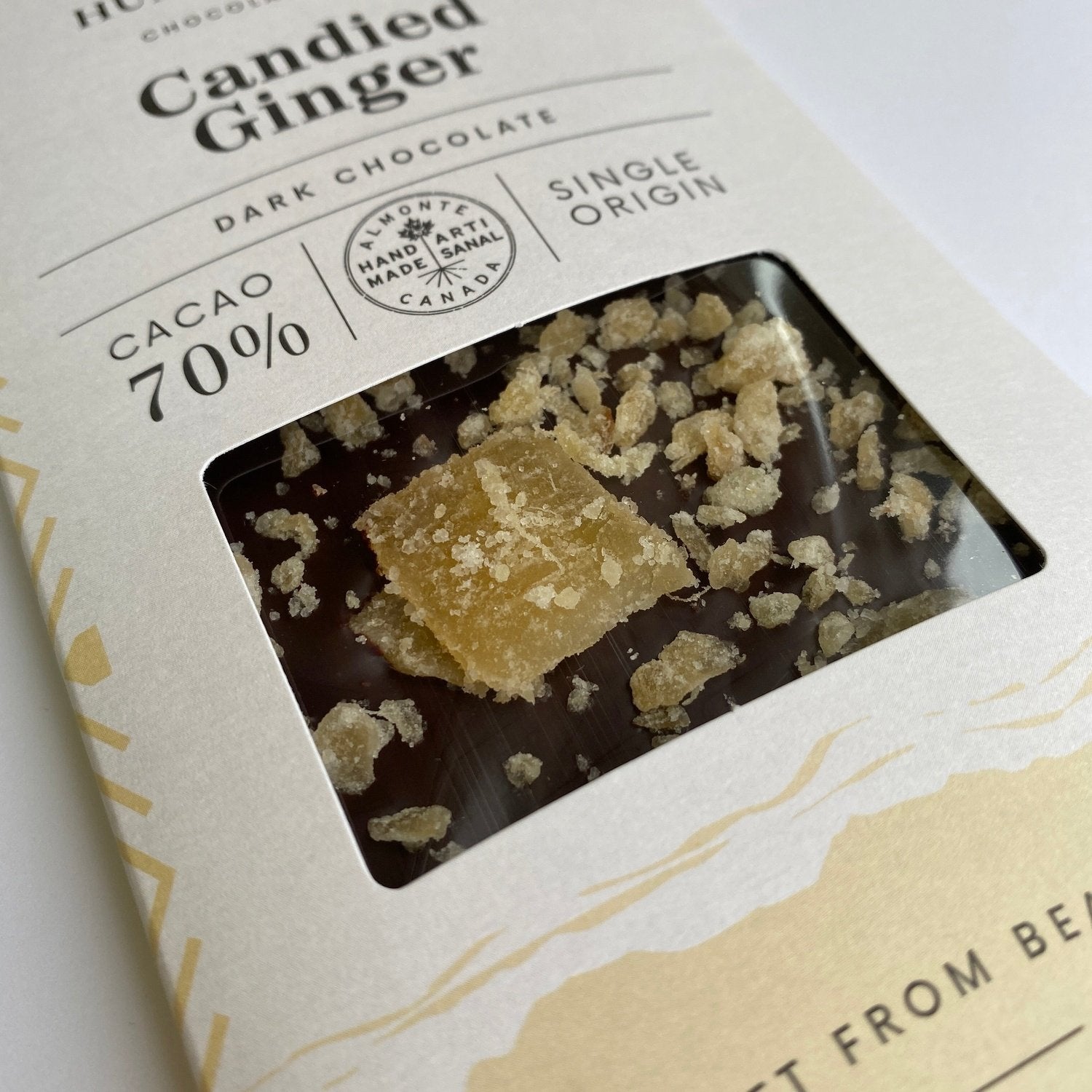 Close up of Candied Ginger chocolate bar revealing luscious chunks of candied ginger