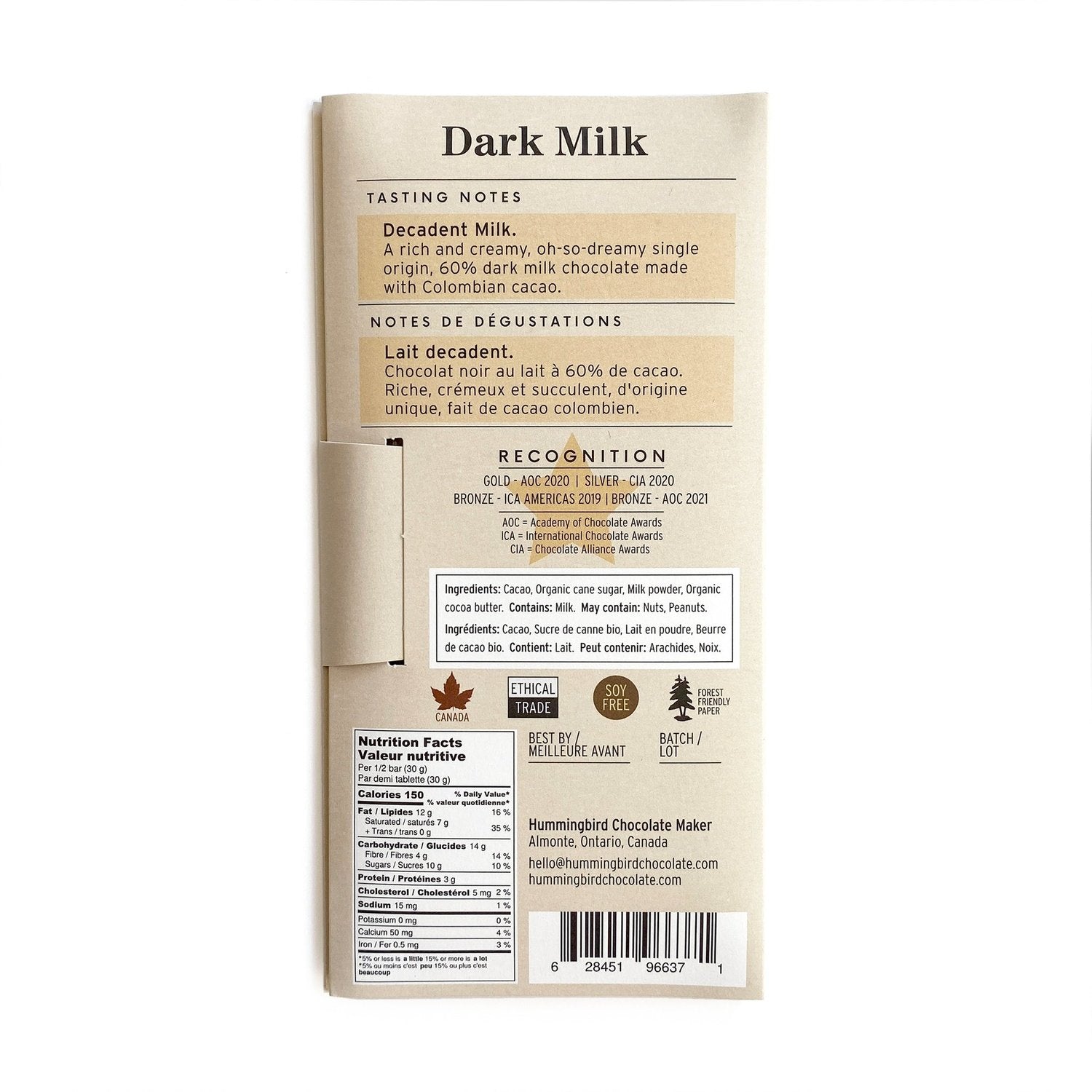 Hummingbird Chocolate Maker - Dark Milk bar, Milk Chocolate - back of package