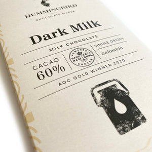 Hummingbird Chocolate Maker - Dark Milk bar - close up of front of package