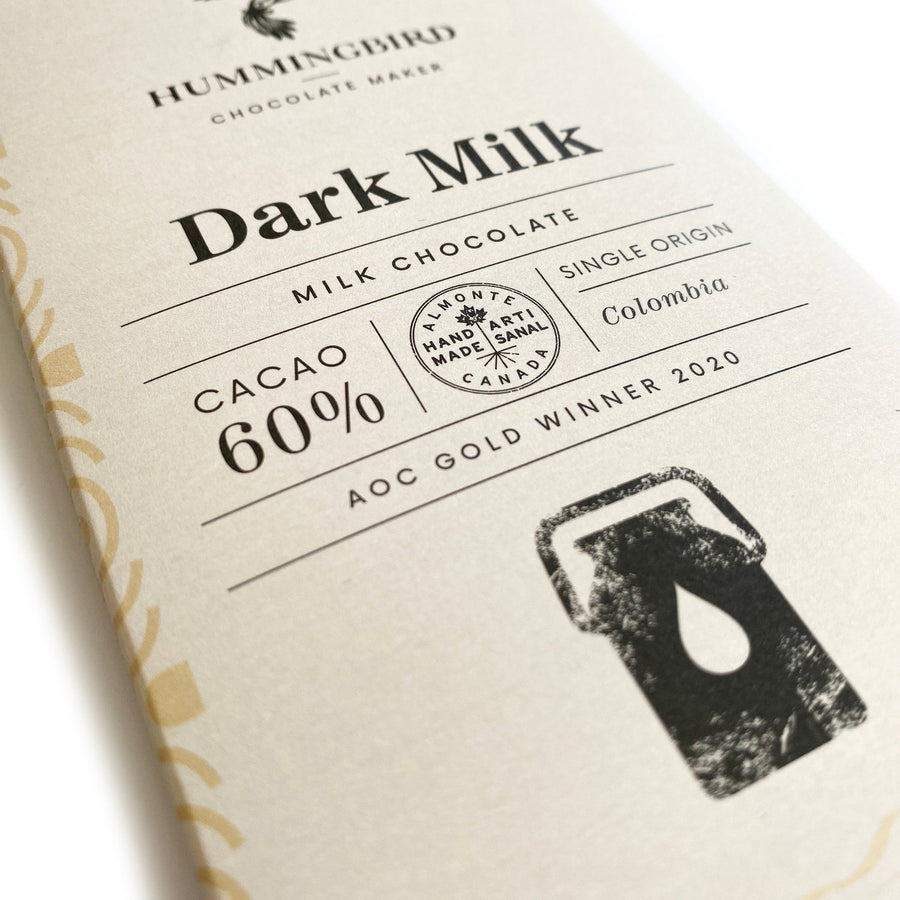 Hummingbird Chocolate Maker - Dark Milk bar, Milk Chocolate, 60% cacao, single origin Colombia, 60g.