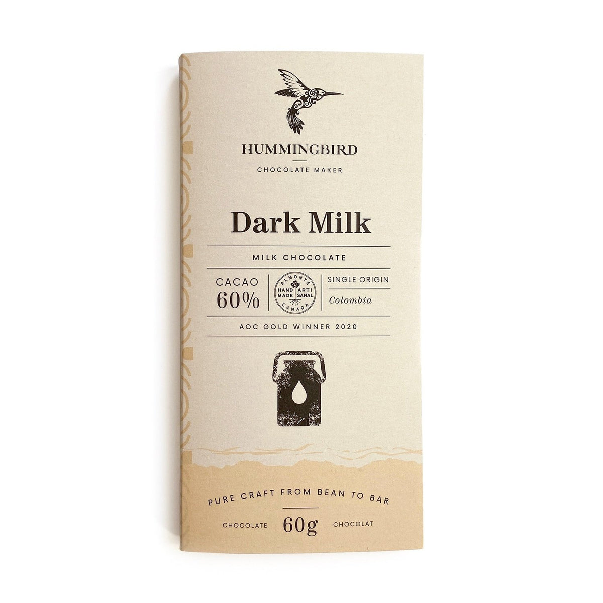 Hummingbird Chocolate Maker - Dark Milk bar, Milk Chocolate, 60% cacao, single origin Colombia, 60g.