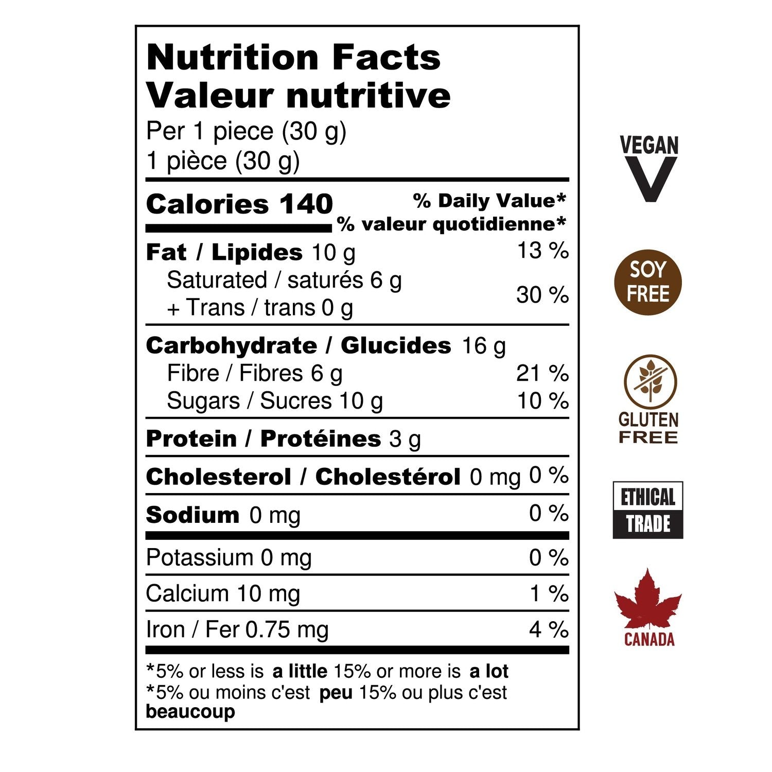 Nutrition Facts for Hispaniola Drinking Cohcolate. Soy Free, Gluten Free, Ethical Trade, Vegan, Made in Canada.