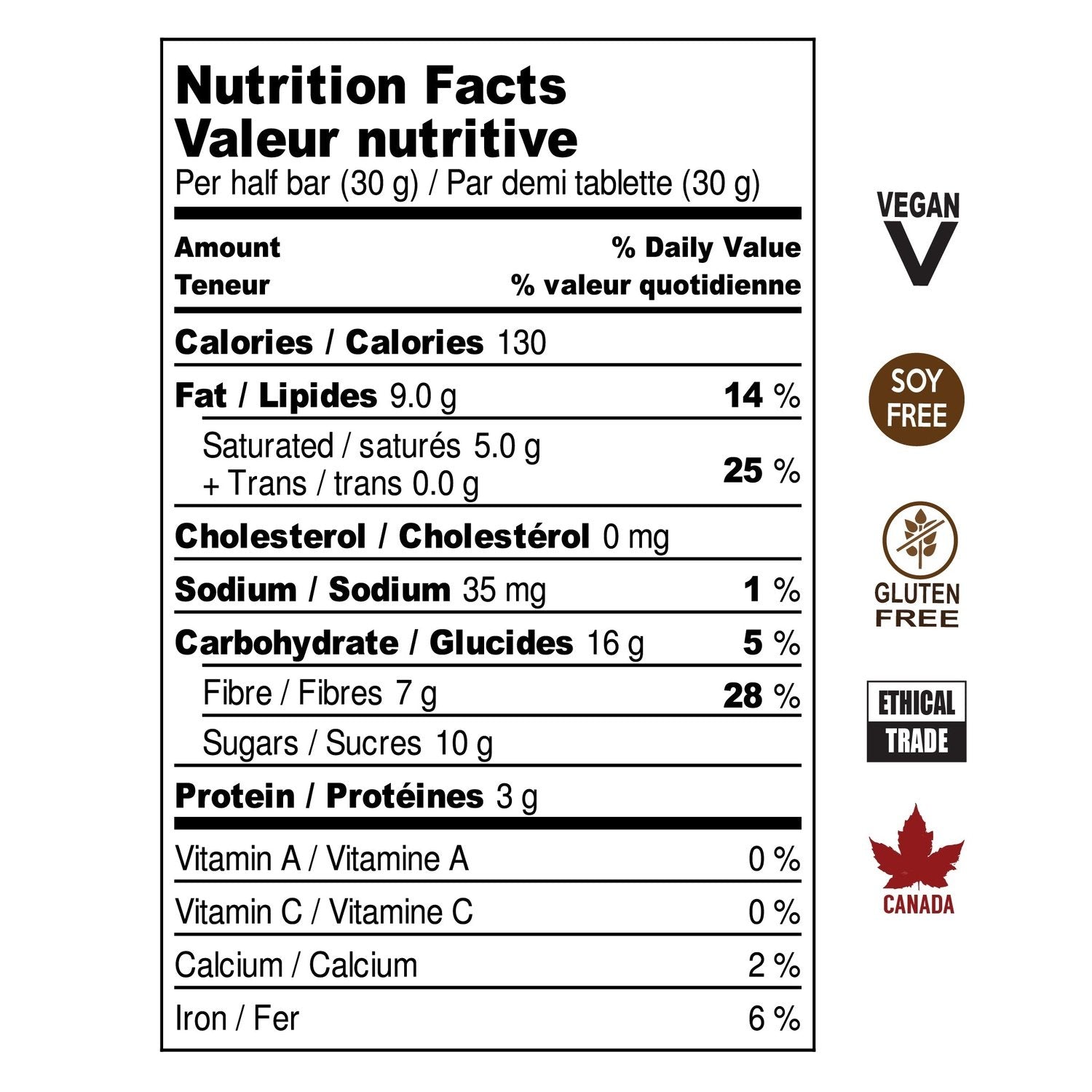 Nutrition Facts for Fleur de Sel chocolate bar. Vegan chocolate, soy free chocolate, gluten free chocolate, ethical trade and made in Canada