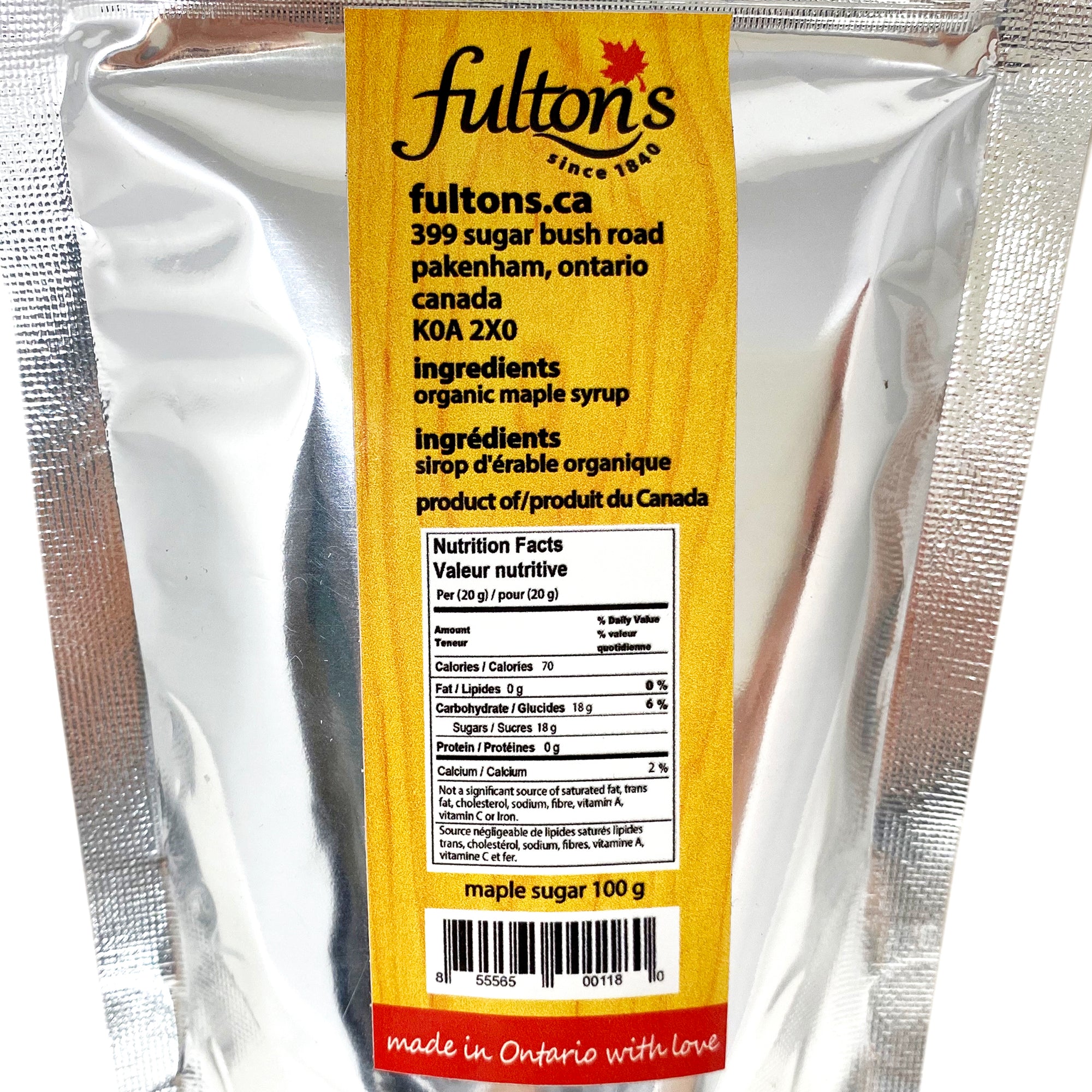 Reverse view of Fulton's maple sugar, ingredients and nutrition label.
