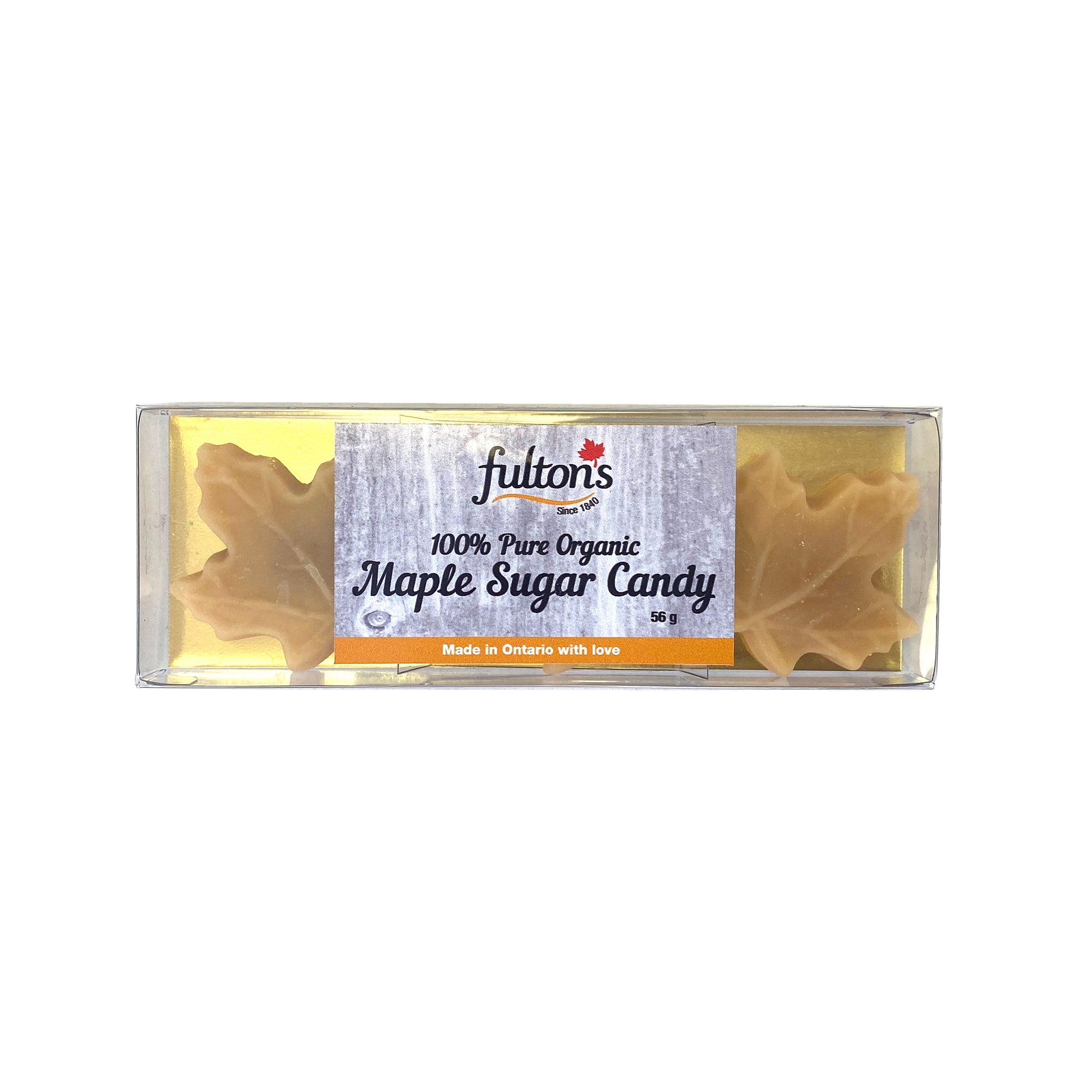 A package of three maple sugar candies in the shape of maple leafs.
