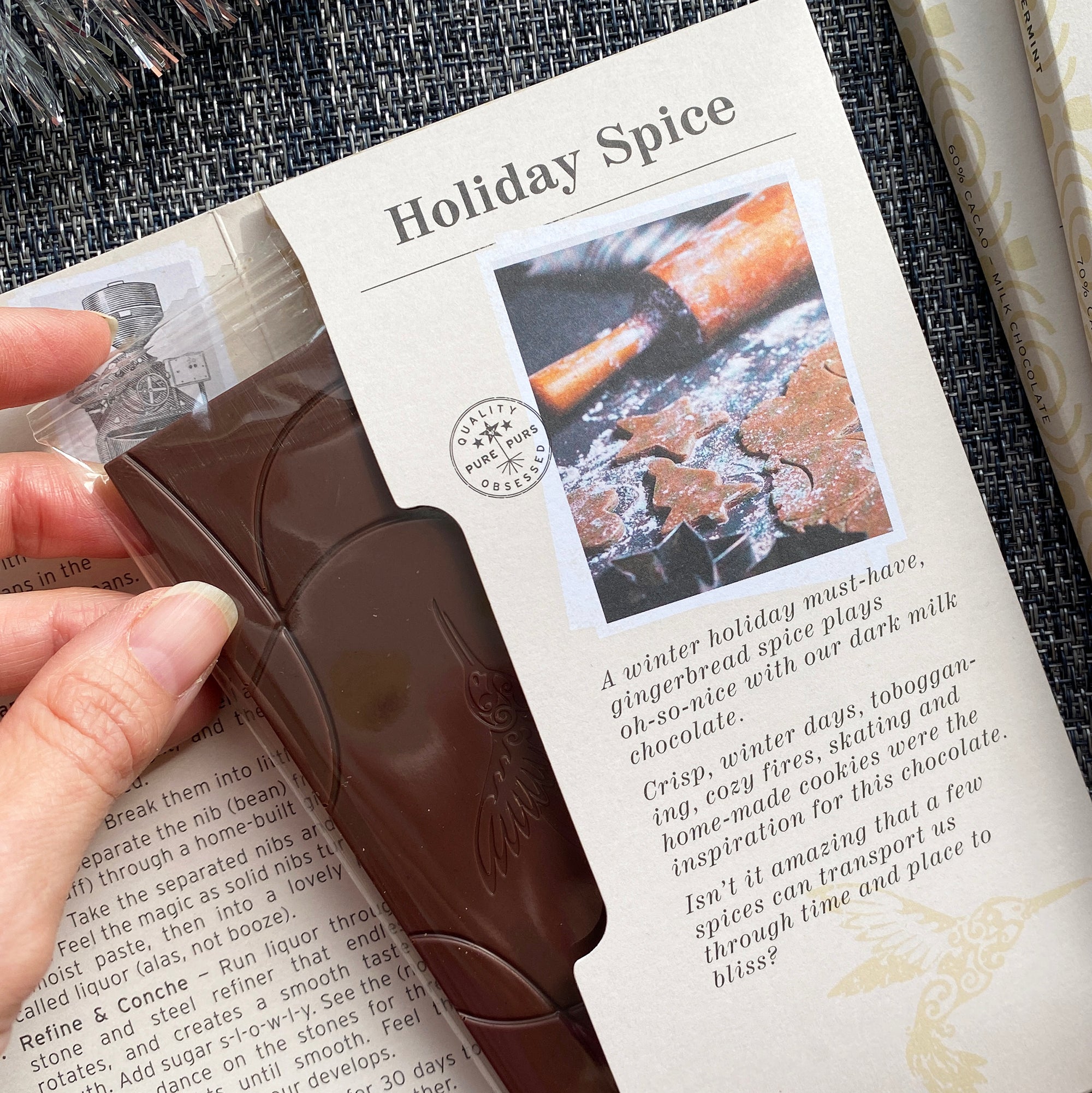 Opened Gingerbread Spice chocolate bar, revealing inside story for this winter flavour classic