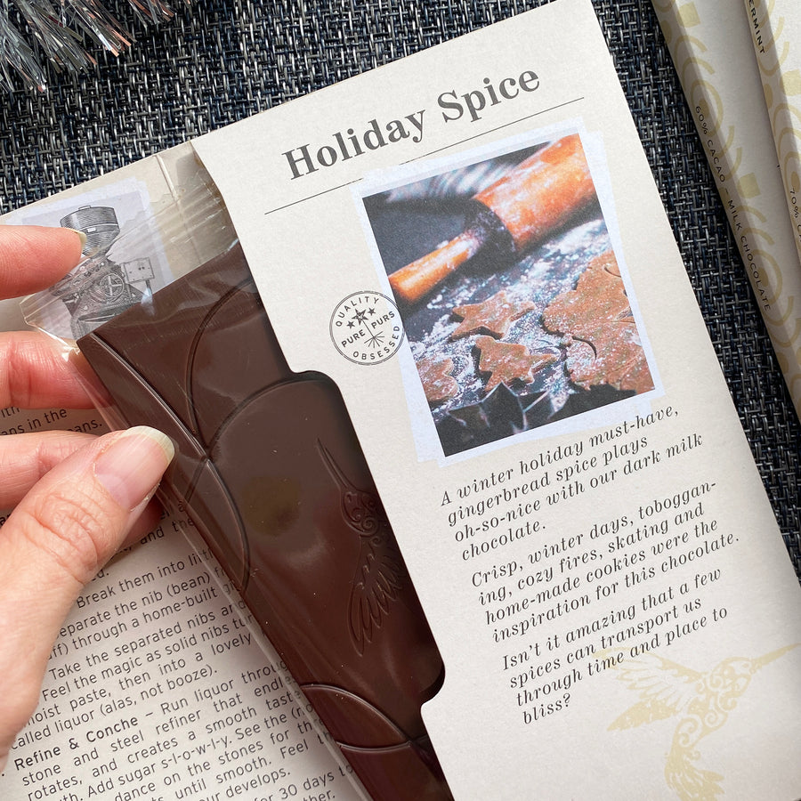 Hummingbird Chocolate Maker, Gingerbread Spice, 60% cacao, dark milk chocolate, 60g chocolate bar.