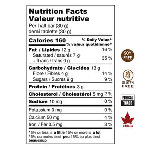 Nutrition Facts for Gingerbread Spice chocolate bar. Soy Free, Gluten Free, Ethical Trade, Made in Canada.