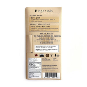 Back label for Hispaniola chocolate bar displaying tasting notes, award winning chocolate, ingredients and nutritional information. Vegan chocolate, gluten free chocolate, soy free chocolate, ethical trade, made in Canada