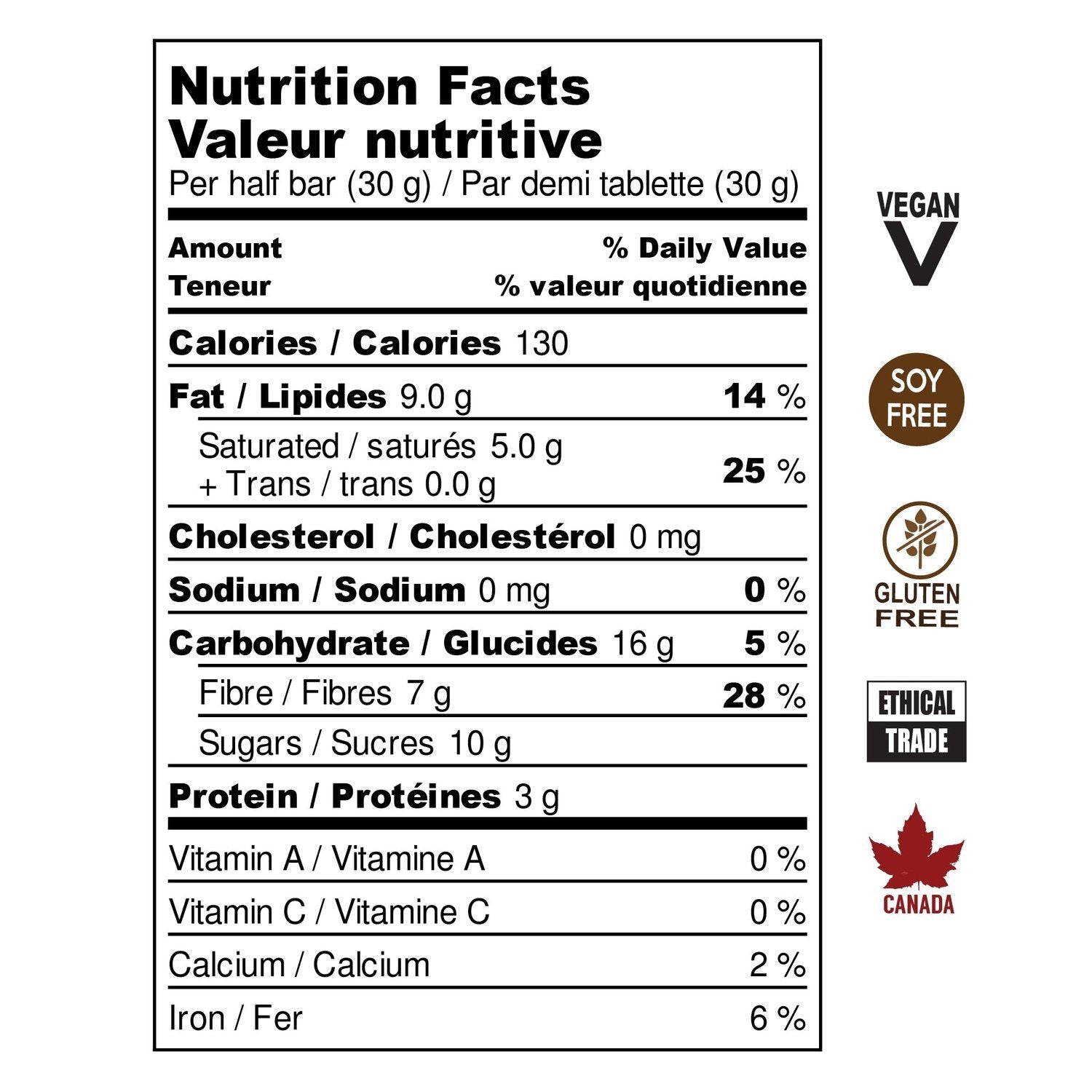 Nutrition Facts for Hispaniola 70% dark chocolate bar nutritional information. Vegan, Soy Free, Gluten Free, Ethical Trade, Made in Canada