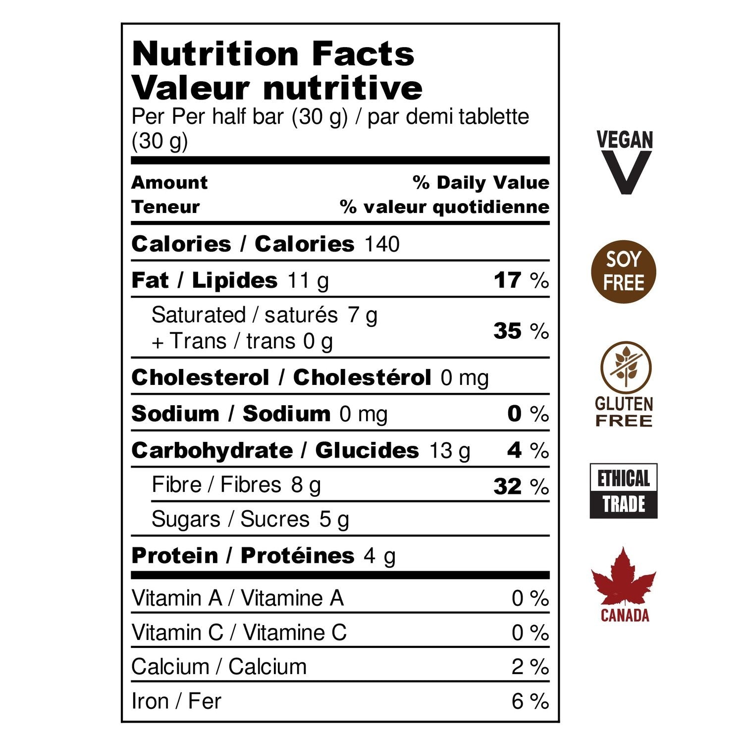 Hispaniola 85% dark chocolate bar nutritional information. Vegan, Soy Free, Gluten Free, Ethical Trade, Made in Canada