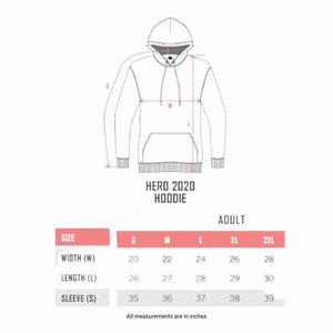 Sizing chart for Hummingbird fleece pullover hoodie, available in small through XL.