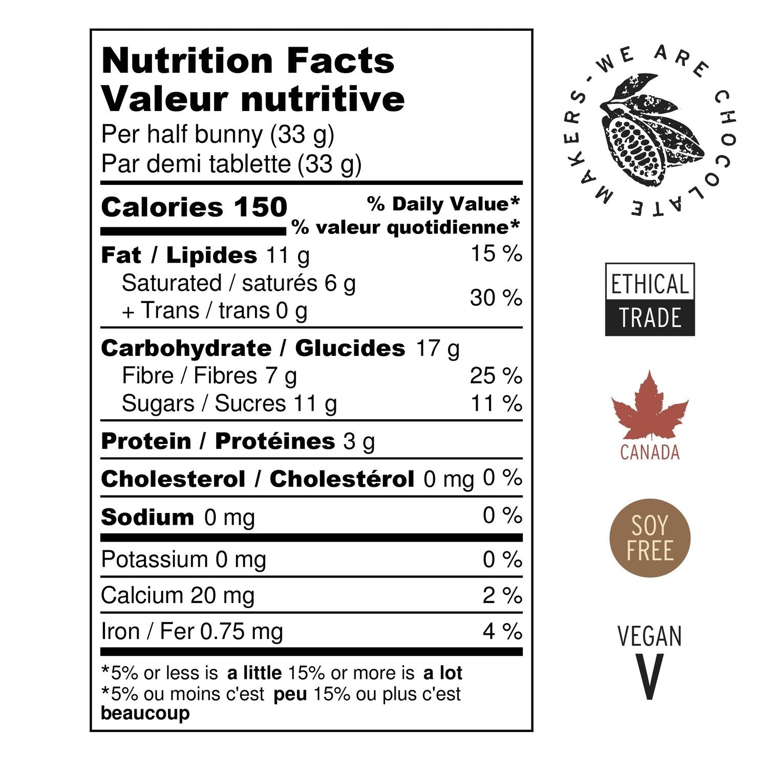 Nutrition Facts for Benny Bunny, Dark Chocolate. Ethical Trade, Made in Canada, Soy Free, Vegan
