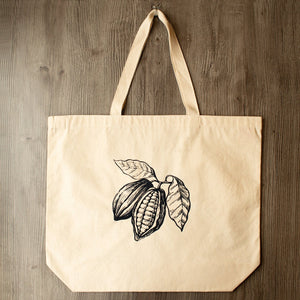 Beautiful cacao pod design hand printed onto sustainably sourced tote bag