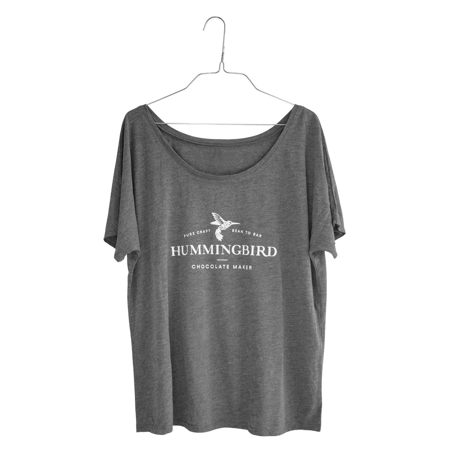 Dark Heather Grey Ladies' Slouchy Scoop-Neck T-Shirt with Hummingbird Chocolate Maker's logo imprinted on the front in center chest position