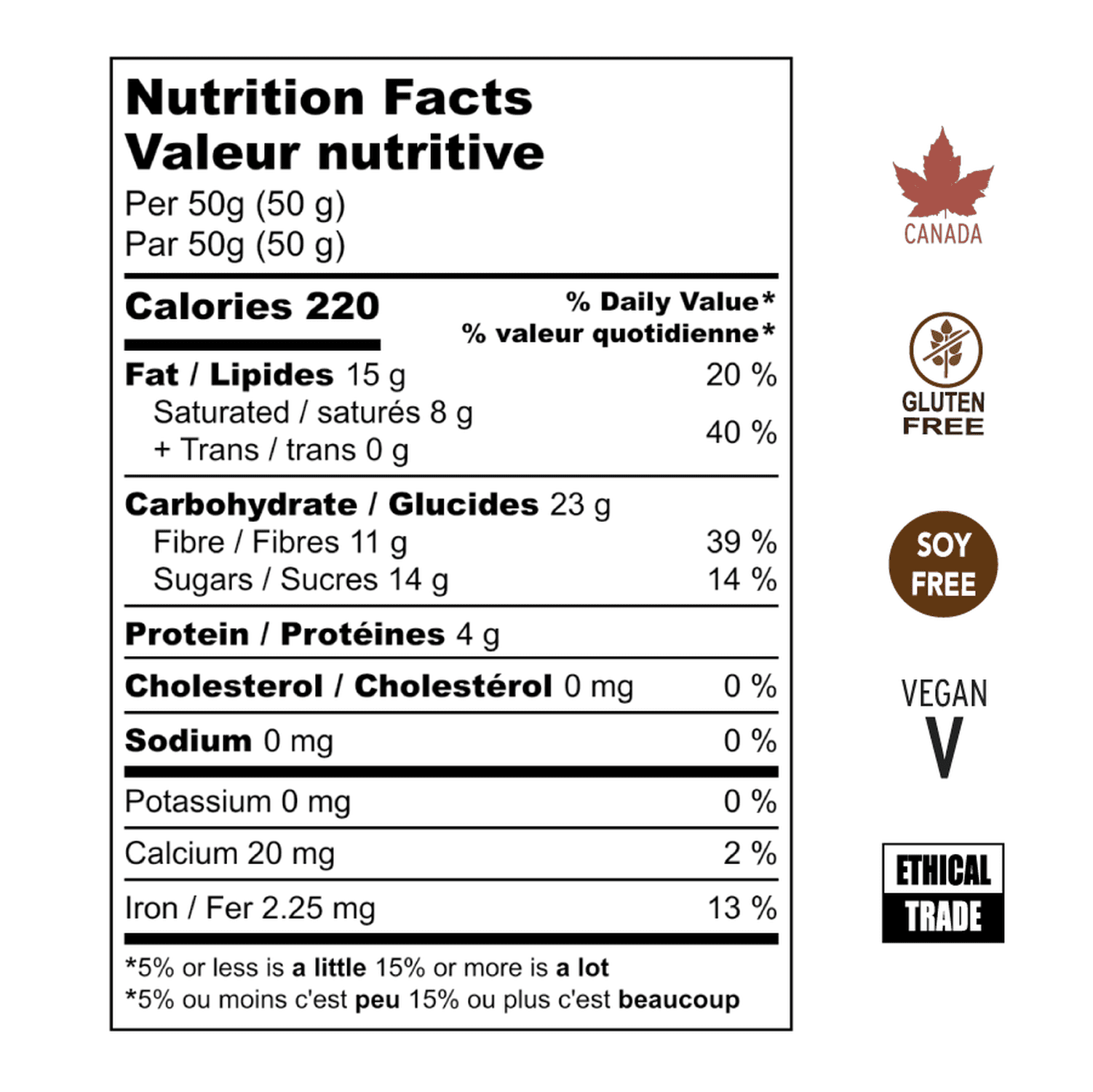 Nutritional Facts for Dark Chocolate Covered Coffee Beans. Soy Free, Gluten Free, Vegan, Ethical Trade, Made in Canada.
