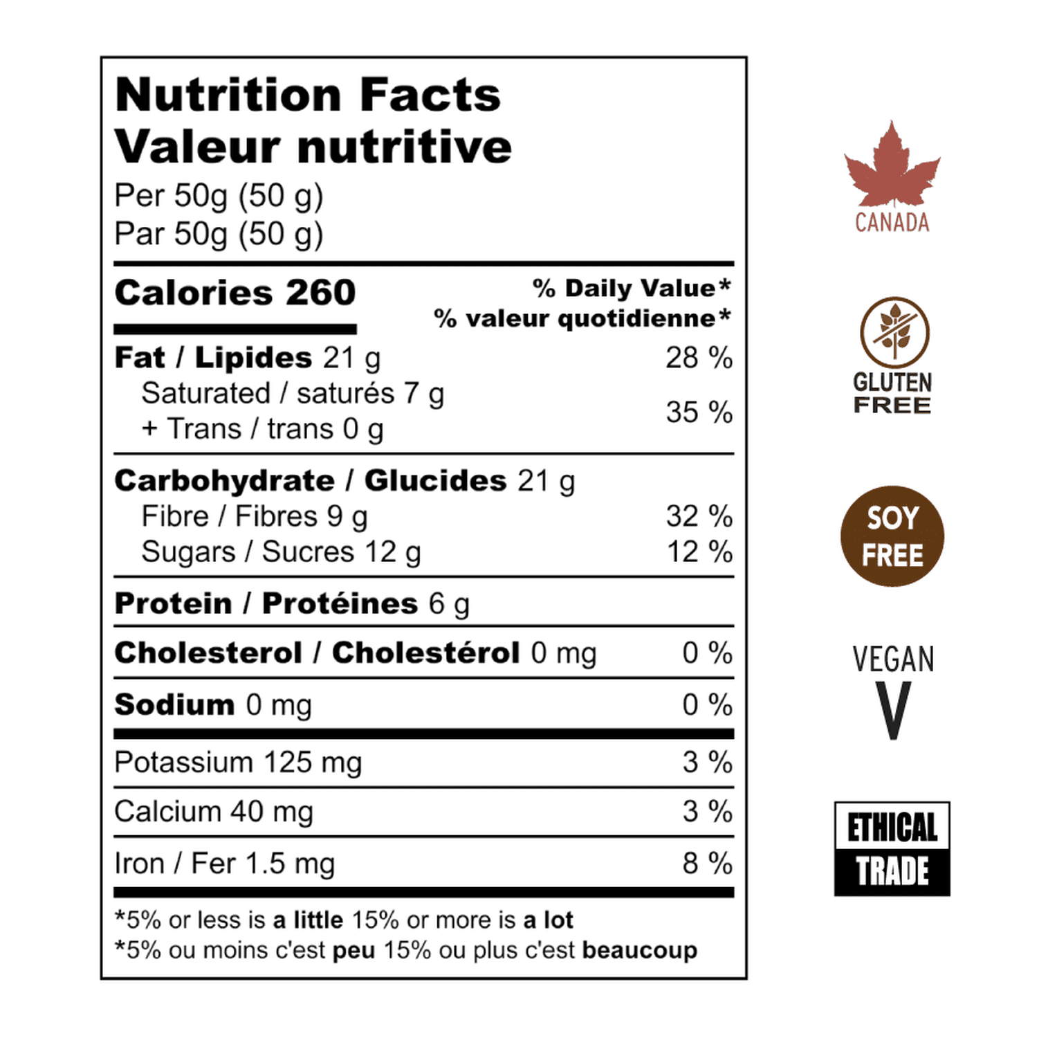 Nutritional Facts for Dark Chocolate Covered Hazelnuts. Soy Free, Gluten Free, Vegan, Ethical Trade, Made in Canada.