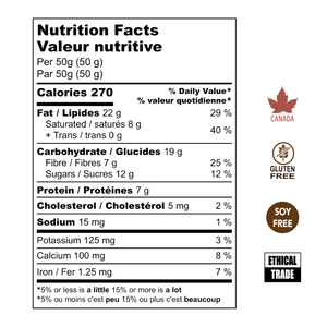 Nutritional Facts for Milk Chocolate Covered Almonds. Soy Free, Gluten Free, Ethical Trade, Made in Canada.