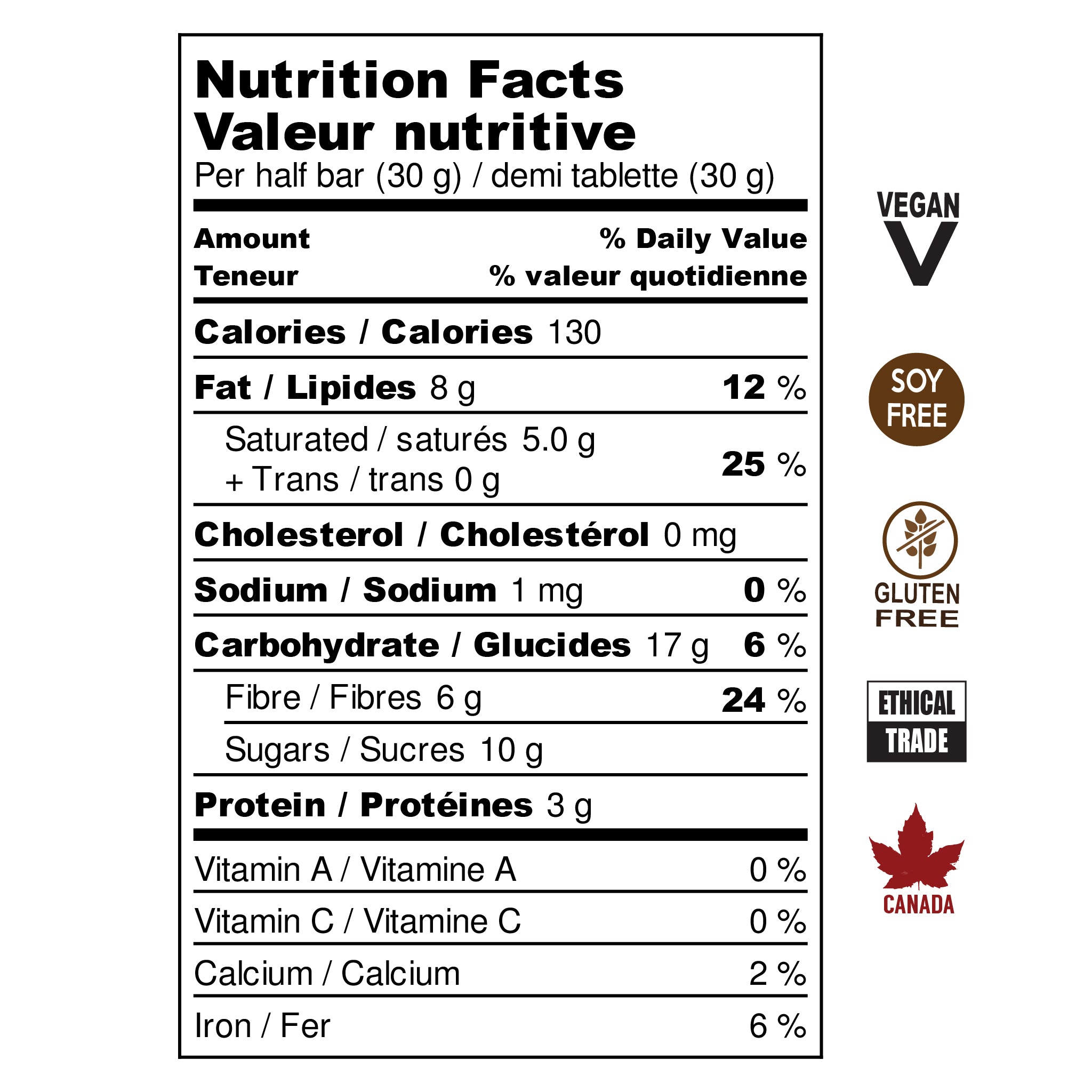 Maple 65% chocolate bar nutritional information. Vegan, Soy Free, Gluten Free, Ethical Trade, Made in Canada