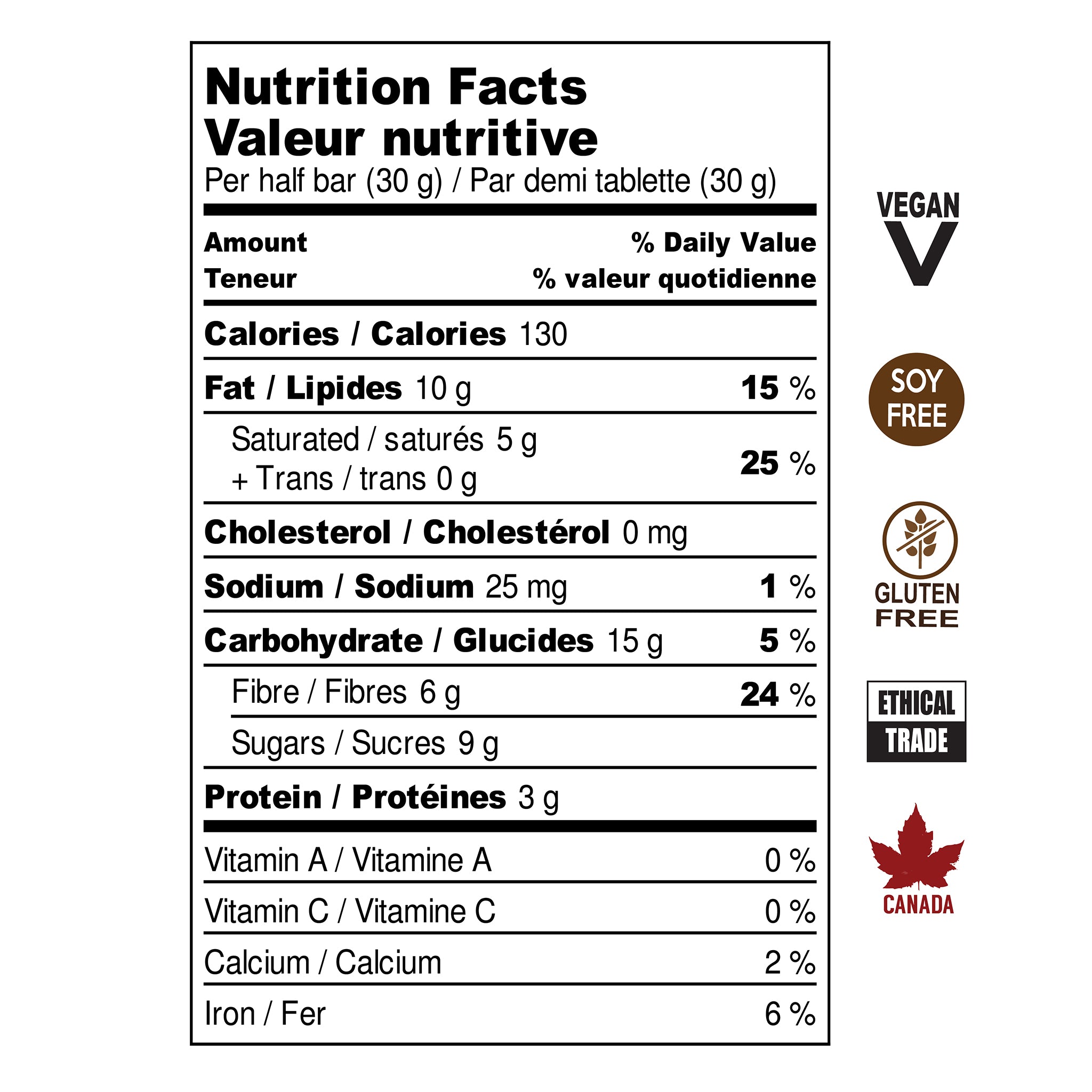 PB & Joy 65% dark chocolate bar nutritional information. Vegan, Soy Free, Gluten Free, Ethical Trade, Made in Canada