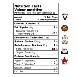 PB & Joy 65% dark chocolate bar nutritional information. Vegan, Soy Free, Gluten Free, Ethical Trade, Made in Canada