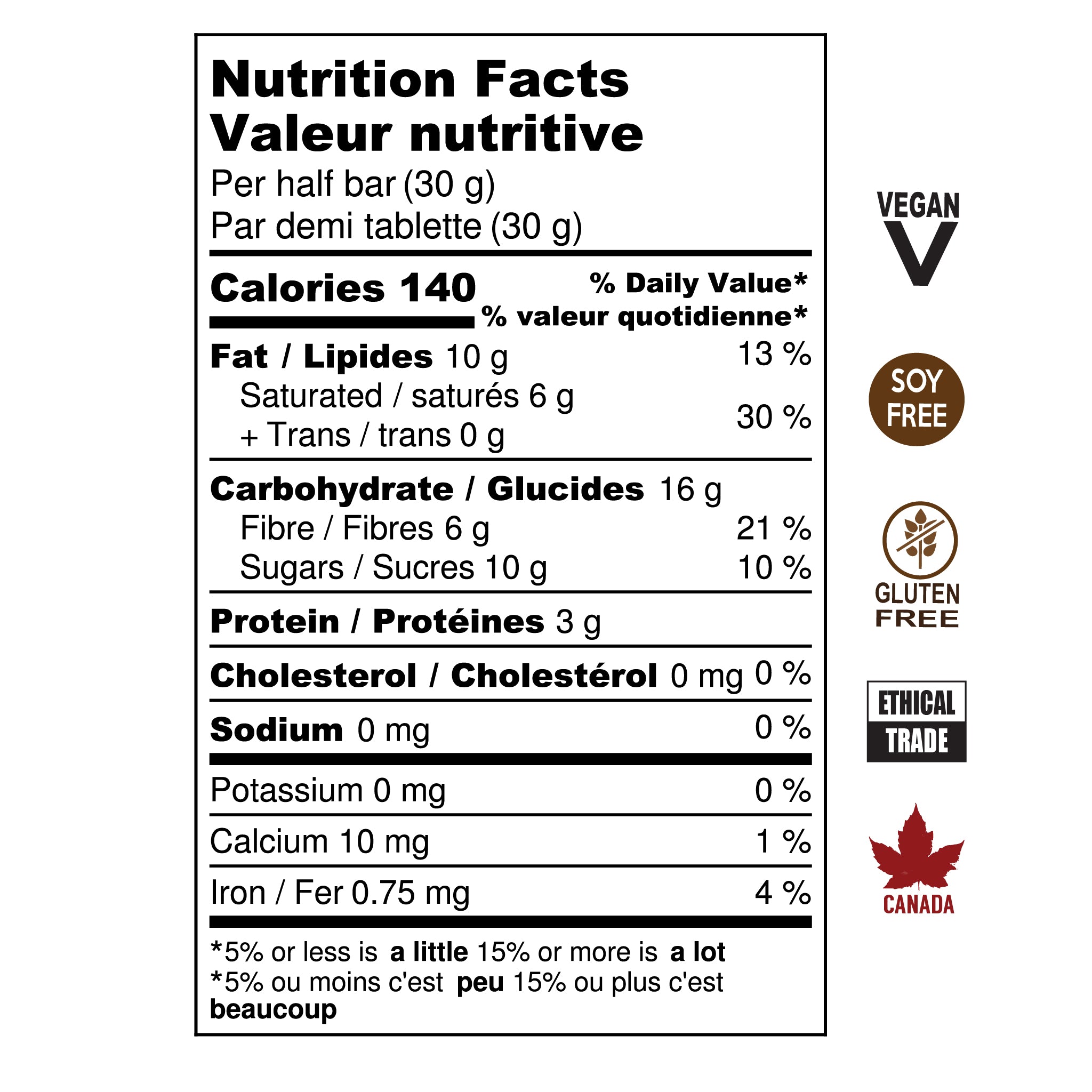 Nutrition Facts for Peppermint Chocolate Bar. Vegan, Soy Free, Gluten Free, Ethical Trade, Made in Canada.