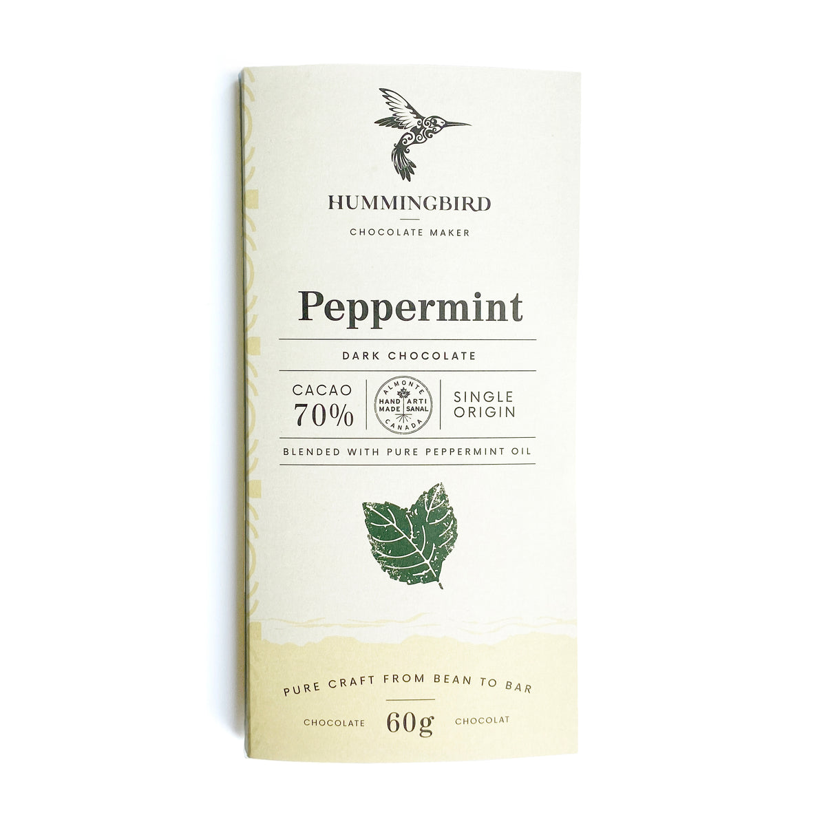 Hummingbird Chocolate Maker, Peppermint, 70% Cacao, dark chocolate, 60g bar.